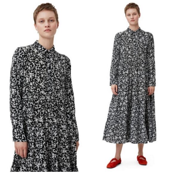 💕GANNI💕 Printed Crepe Layer Midi Dress ~ Viscose Black Floral Print 36 EU - Picture 1 of 16